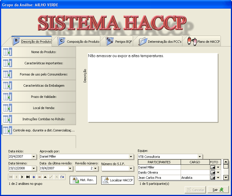 Tela do software WinAPPCC/HACCP 2